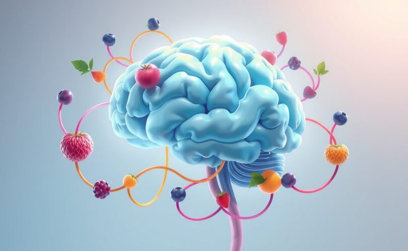 Stylizowany, świecący mózg połączony z kolorowymi polifenolami – klucz do zdrowia poznawczego.