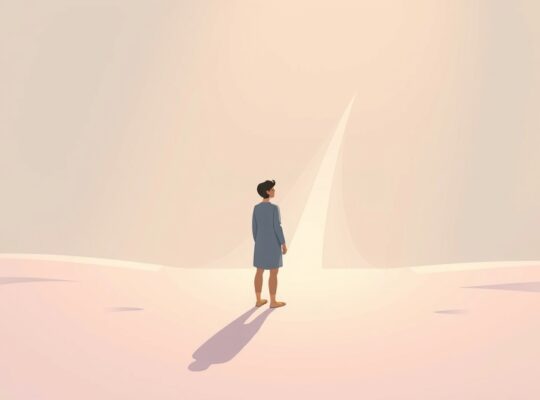 Osoba przy rozdrożu, własna ścieżka kontra cudze osiągnięcia, pastelowa, łagodna atmosfera.