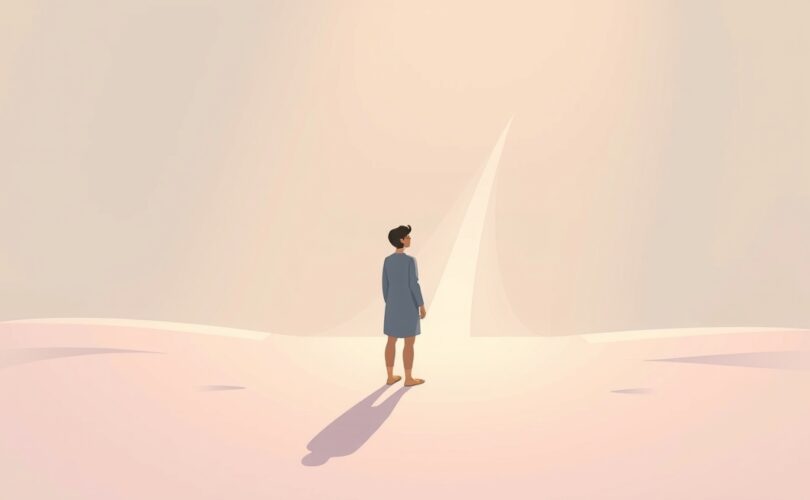 Osoba przy rozdrożu, własna ścieżka kontra cudze osiągnięcia, pastelowa, łagodna atmosfera.