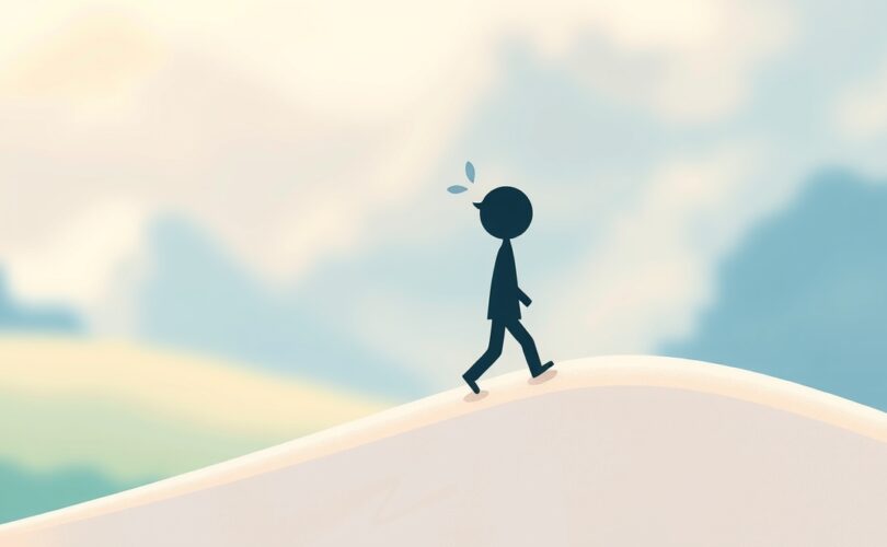 Dwie postacie na łagodnym stoku, symbolizujące porównania społeczne i rozwój.