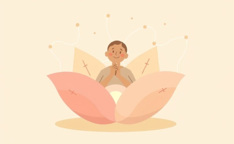 Stylizowana postać rozwija się, ukazując wewnętrzne światło, otoczona łagodnymi, połączonymi kształtami symbolizującymi wspólnotę.