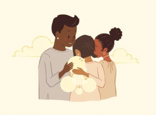 Abstrakcyjna, pastelowa ilustracja symbolizująca połączenie i poczucie bezpieczeństwa we wspólnocie.