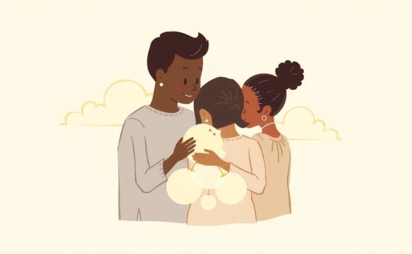 Abstrakcyjna, pastelowa ilustracja symbolizująca połączenie i poczucie bezpieczeństwa we wspólnocie.