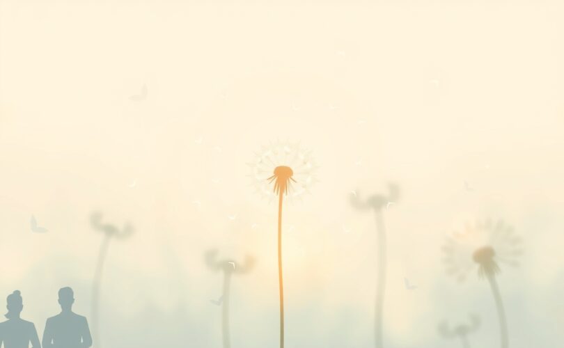 Delikatny dmuchawiec unoszący się w otoczeniu subtelnych, rozmytych kształtów, symbolizujący potrzebę uznania.