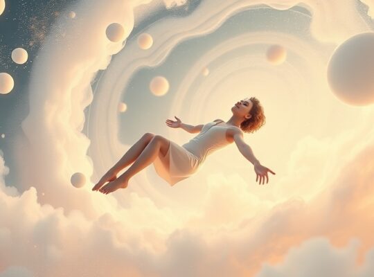 Spokojna postać wśród kosmicznego pyłu i geometrycznych kształtów, symbol transpersonalej podróży.