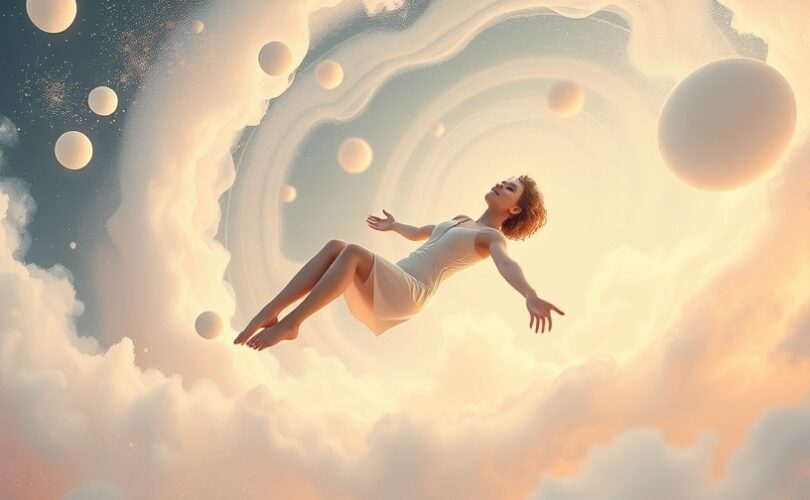 Spokojna postać wśród kosmicznego pyłu i geometrycznych kształtów, symbol transpersonalej podróży.