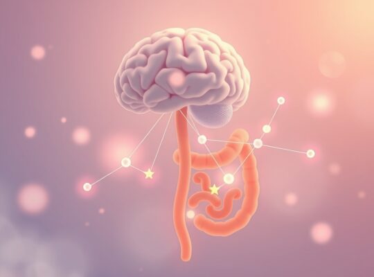 Oś jelitowo-mózgowa: stylizowany mózg i jelita połączone delikatnymi liniami, kwiatowe elementy.