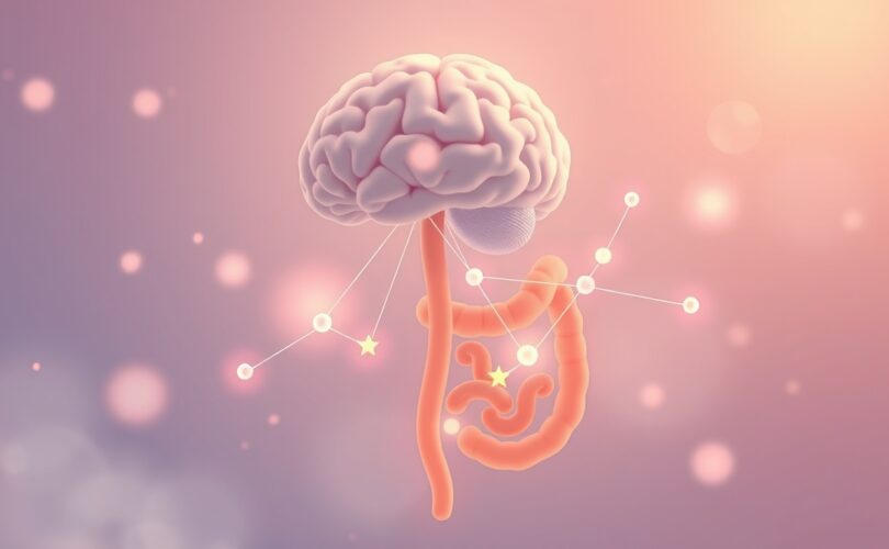 Oś jelitowo-mózgowa: stylizowany mózg i jelita połączone delikatnymi liniami, kwiatowe elementy.