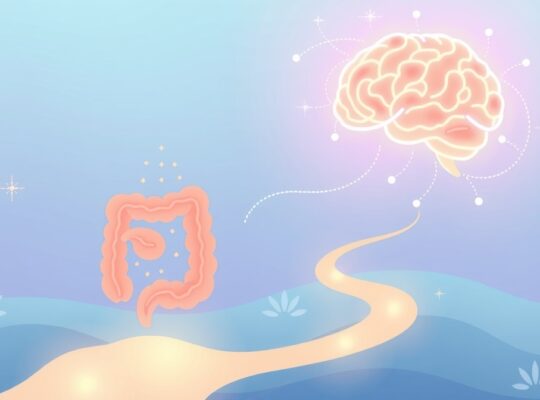 Symboliczna ilustracja pokazująca połączenie jelit z mózgiem, probiotykami.