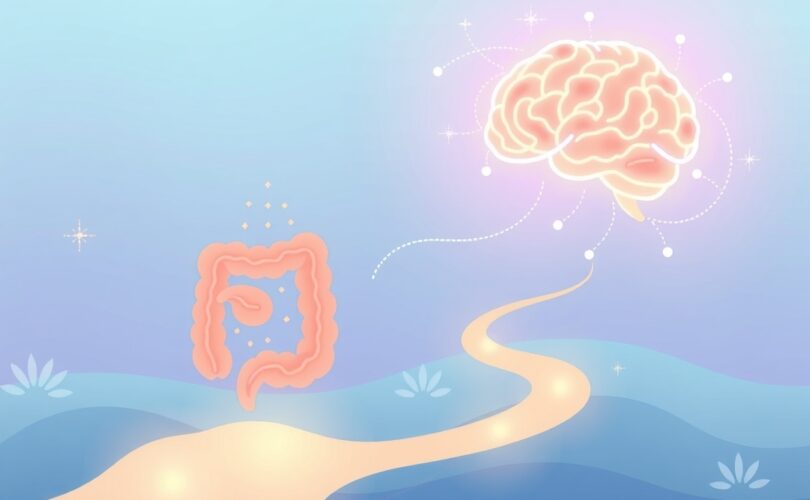 Symboliczna ilustracja pokazująca połączenie jelit z mózgiem, probiotykami.