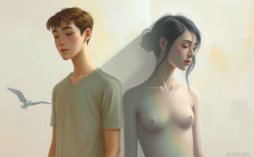 Subtelna projekcja negatywnych cech w pastelowej, surrealistycznej malarskiej wizji.