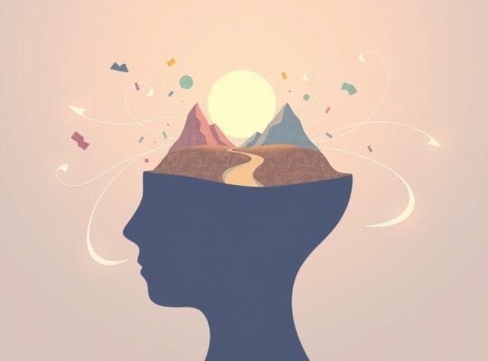 Stylizowana głowa z uspokajającym krajobrazem ułatwiającym przepływ informacji.