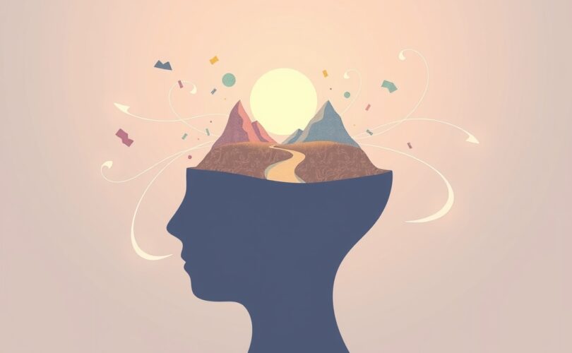 Stylizowana głowa z uspokajającym krajobrazem ułatwiającym przepływ informacji.