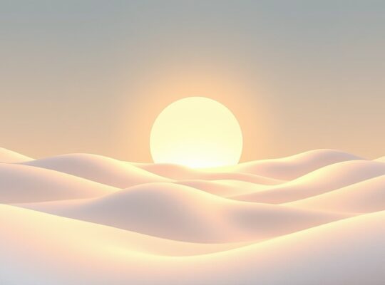 Symboliczny krajobraz: świetliste ścieżki łączące się ze źródłem światła, łagodzące niebieskie kształty.