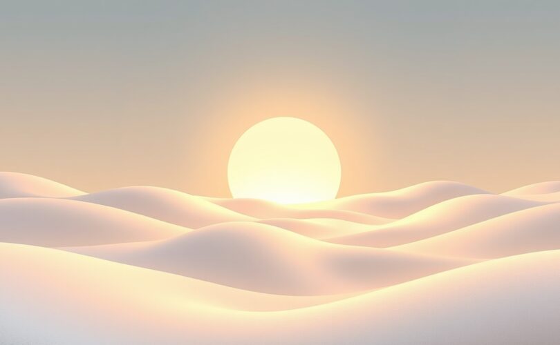 Symboliczny krajobraz: świetliste ścieżki łączące się ze źródłem światła, łagodzące niebieskie kształty.