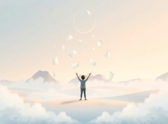 Spokojny krajobraz z postacią uwalniającą się od ciężarów, symbolizujący ulgę w nadmiarze obowiązków.