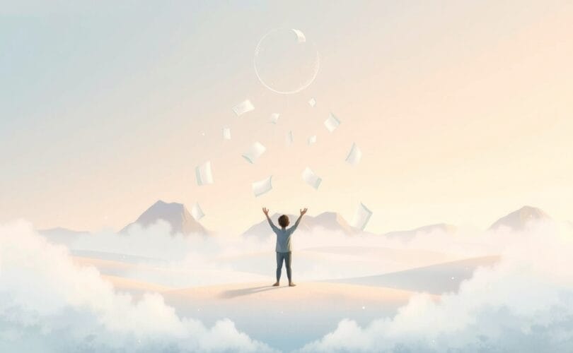 Spokojny krajobraz z postacią uwalniającą się od ciężarów, symbolizujący ulgę w nadmiarze obowiązków.