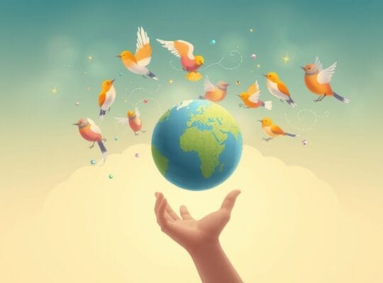 Stylowizowane, kolorowe ptaki wspólnie unoszą małą Ziemię, symbolizując uzdrowienie i odpowiedzialność ekologiczną. Pastelowe barwy.