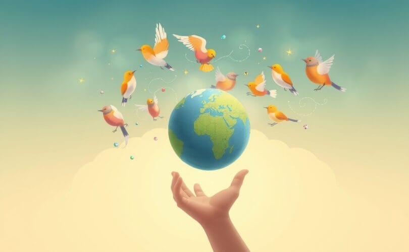 Stylowizowane, kolorowe ptaki wspólnie unoszą małą Ziemię, symbolizując uzdrowienie i odpowiedzialność ekologiczną. Pastelowe barwy.