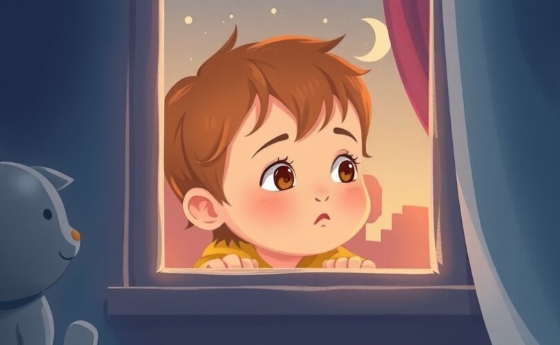 Dziecko przez okno, mieszanka ciekawości i niepewności, otoczone symbolami rozwoju.