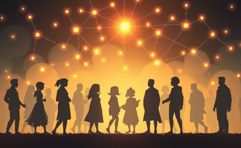 Rozmazane postacie w pastelach, połączone świetlistymi nićmi, symbolizujące wpływ społeczny.