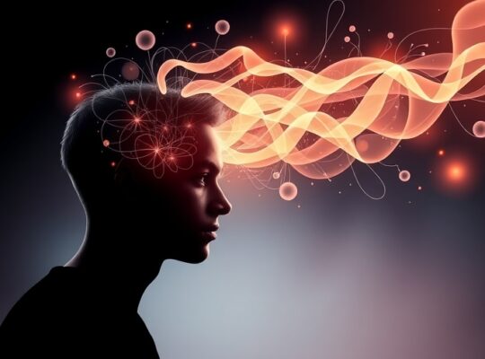 Sylwetka sportowca z emanującymi zeń ścieżkami światła, symbolizująca siłę psychiczną i skupienie.