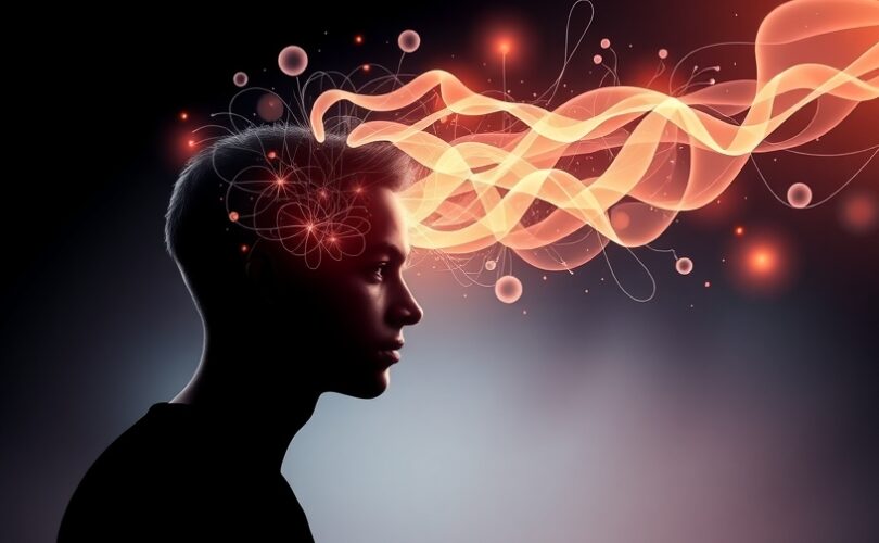 Sylwetka sportowca z emanującymi zeń ścieżkami światła, symbolizująca siłę psychiczną i skupienie.