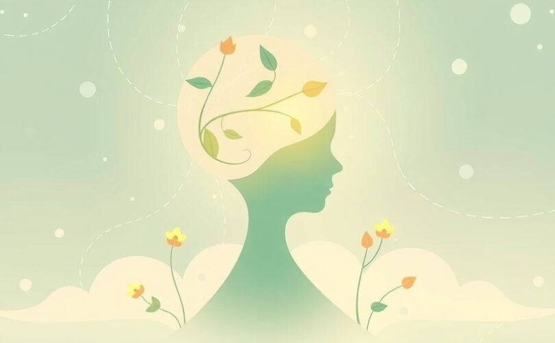 Abstrakcyjna postać z pastelowymi liśćmi i kwiatami symbolizuje wsparcie i zdrowie psychiczne.