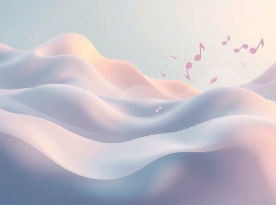 Surrealna wizualizacja dźwięku przekształcającego się w echa, w pastelowych barwach, budząca spokój i refleksję.