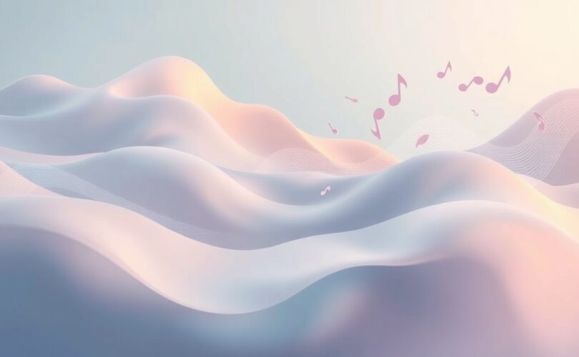 Surrealna wizualizacja dźwięku przekształcającego się w echa, w pastelowych barwach, budząca spokój i refleksję.