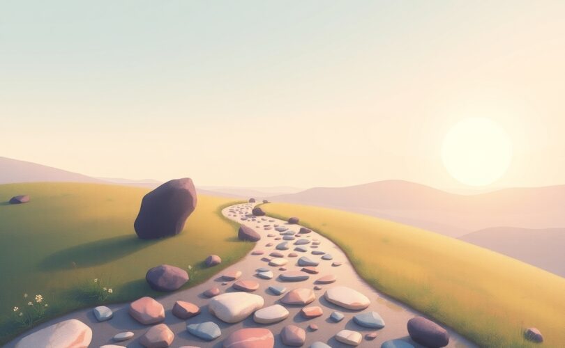 Ścieżka przezwyciężania wyzwań prowadzi ku świetlanej przyszłości, symbol rozwoju myśli w pastelach.