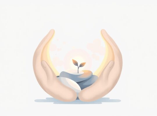 Stylizowana ilustracja, symbolizująca bezpieczeństwo: ochronny uścisk, delikatne kolory, światło nadziei.