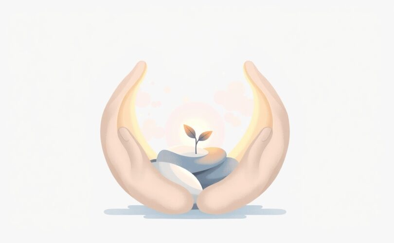 Stylizowana ilustracja, symbolizująca bezpieczeństwo: ochronny uścisk, delikatne kolory, światło nadziei.