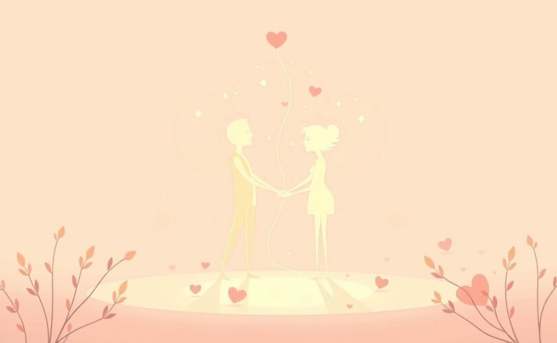 Dwie świetliste, abstrakcyjne postacie połączone nicią światła, symbolizujące intymność.