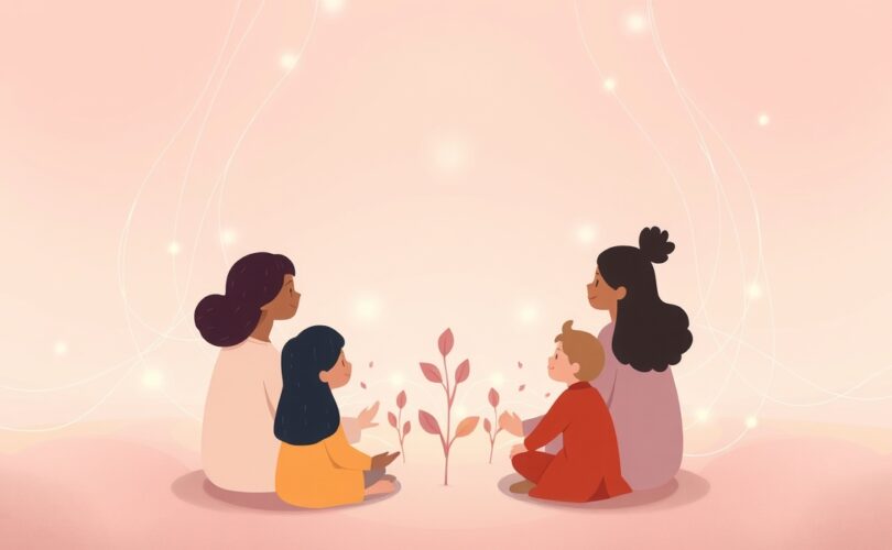 Stylizowane postacie, połączone świetlistymi nićmi, tworzą krąg przynależności i wspólnoty.