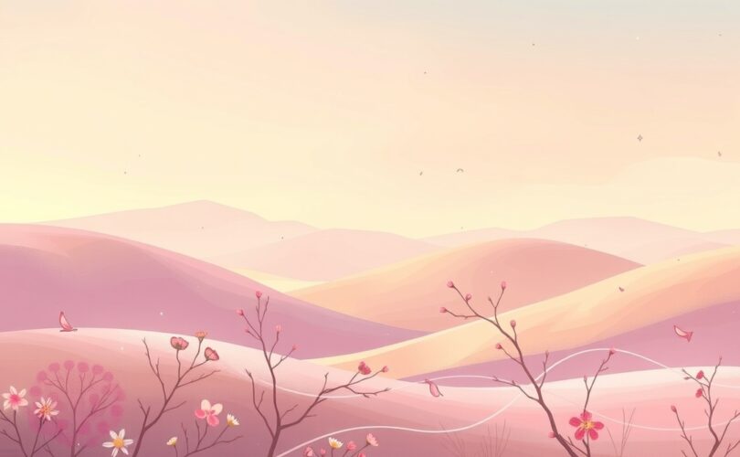 Abstrakcyjny, malarski krajobraz w pastelach, symbolizujący poczucie przynależności poprzez delikatne światło i florę.