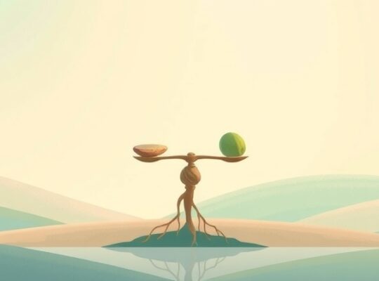 Delikatna waga świetlistych nici, symbolizująca sprawiedliwość społeczną w pastelowym krajobrazie.