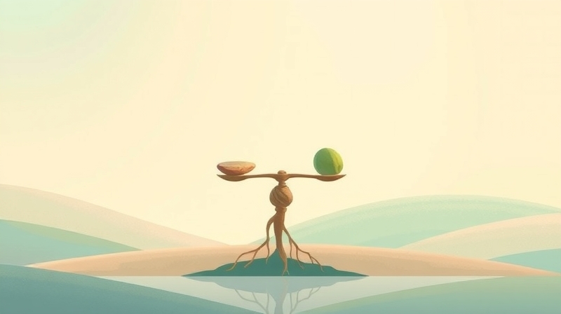 Delikatna waga świetlistych nici, symbolizująca sprawiedliwość społeczną w pastelowym krajobrazie.