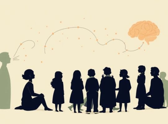 Symboliczna ilustracja psychologicznych mechanizmów plotkowania w pastelach.