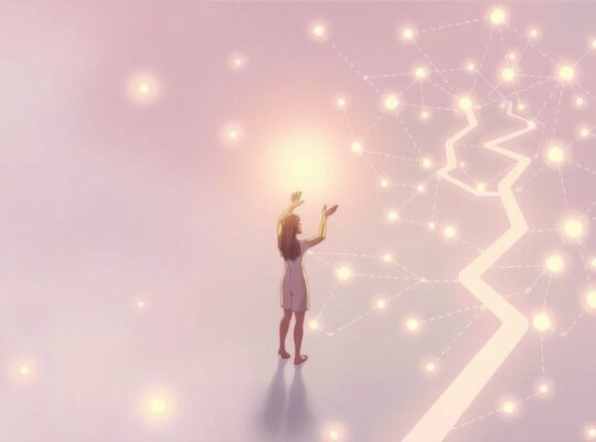 Postać emitująca światło, sięgająca po sieć ścieżek, symbolizująca sprawczość.