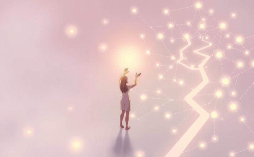 Postać emitująca światło, sięgająca po sieć ścieżek, symbolizująca sprawczość.