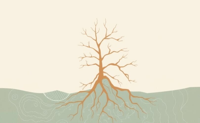Symboliczna ilustracja korzeni agresji: splątane ścieżki w pastelowych barwach, spokój i zrozumienie.