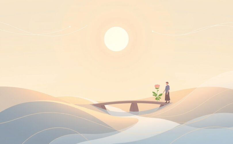 Ilustracja pastelowa, senna, symbolizująca regulację emocji i balans.