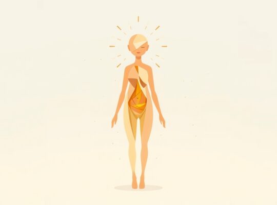 Stylizowana postać z pastelowych kształtów, emanująca złotymi nićmi, symbolizująca rozkwit osobisty.