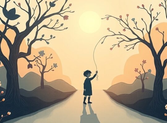 Delikatna, surrealistyczna ilustracja: rozdroże, mgliste przeszłość, świetlisty wątek przemieniający cierpienie.