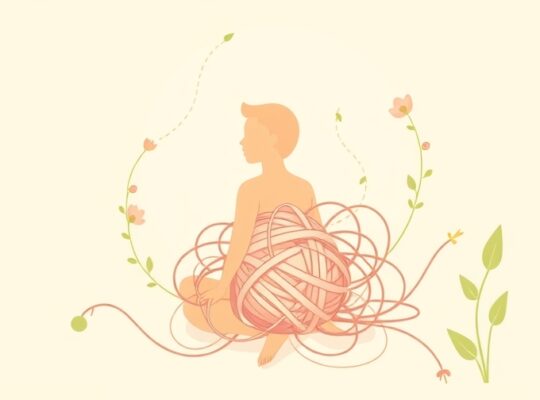 Delikatna postać rozplątująca skomplikowany węzeł, symbol zdrowienia z zaburzeń odżywiania.