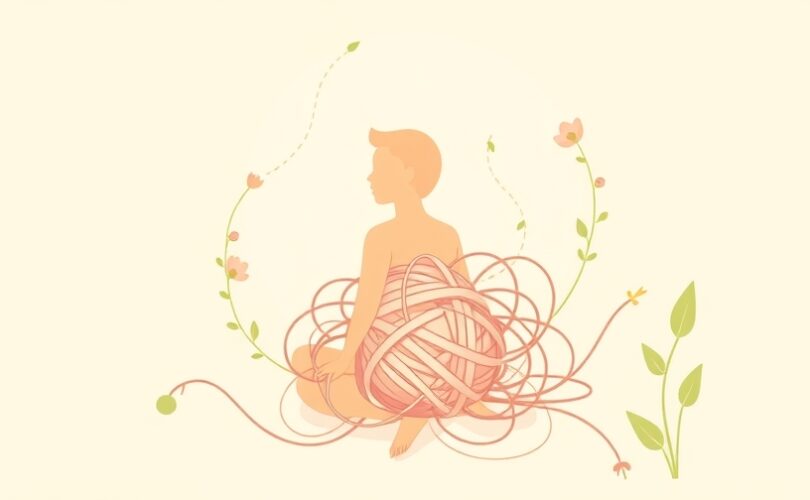 Delikatna postać rozplątująca skomplikowany węzeł, symbol zdrowienia z zaburzeń odżywiania.