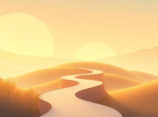 Metafora wizualna: ścieżka zdrowia w krajobrazie zmian nastroju dzięki psychoterapii.