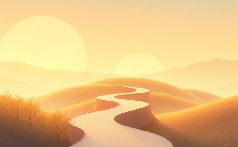 Metafora wizualna: ścieżka zdrowia w krajobrazie zmian nastroju dzięki psychoterapii.