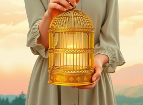 Osoba uwalnia złoconą, pękniętą klatkę, z której wydobywa się światło, na tle pastelowego krajobrazu.